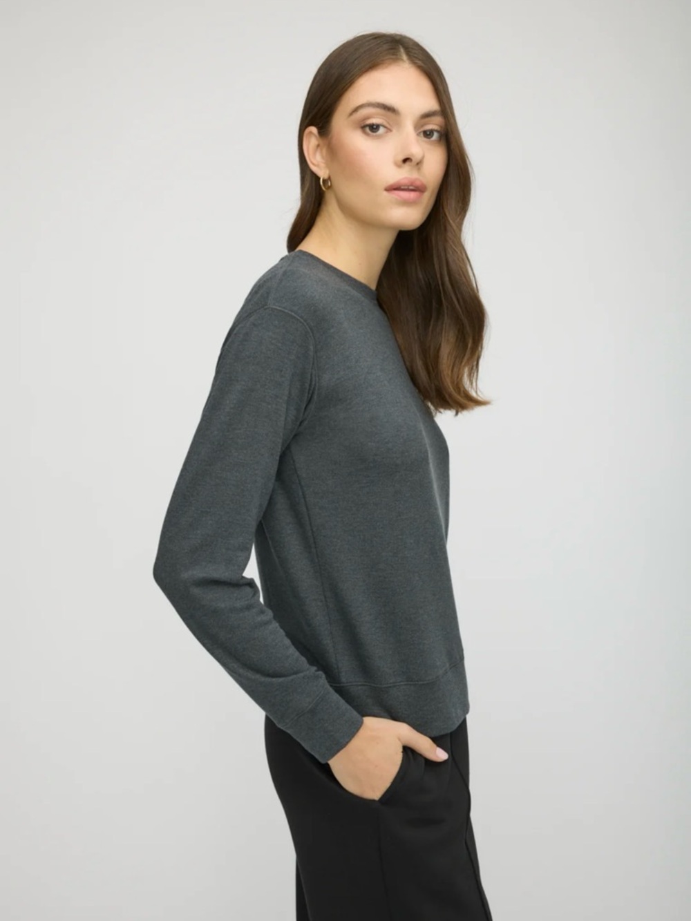 grey H&M crew neck sweater with a fine, smooth knit texture
